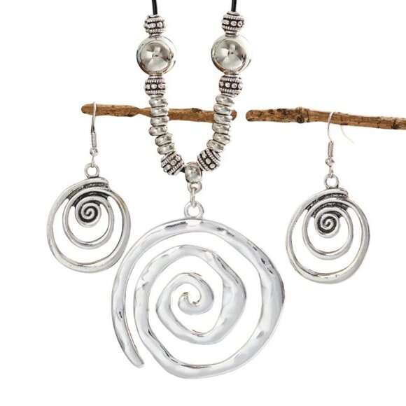 Boho Spiral Necklace & Earrings Set – Silver Alloy Swirl Pendant Jewelry NEW - Picture 4 of 4